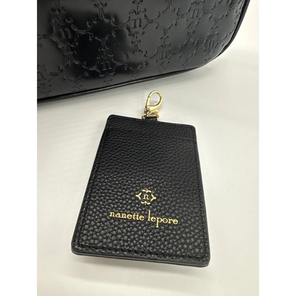 Nanette Lepore Black Embossed Logo Shoulder Bag Gold Chain Baguette Purse